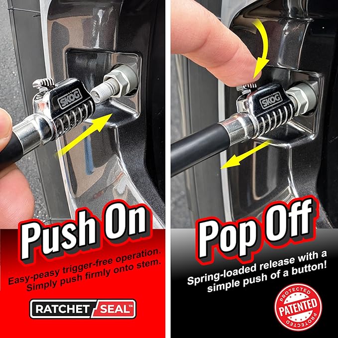 SKÖG Chuck Mates Flex360 7” Tire Inflator Hose Extension with Patented RatchetSeal Self-Locking Chuck – Compatible with Portable Tire Inflators (Open Flow)