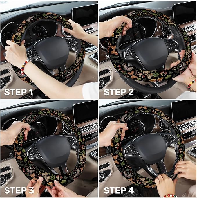 Dark Botanical Moth Steering Wheel Cover, Polyester Non-Slip Car Wheel Grip, Universal 15 Inch Auto Accessory