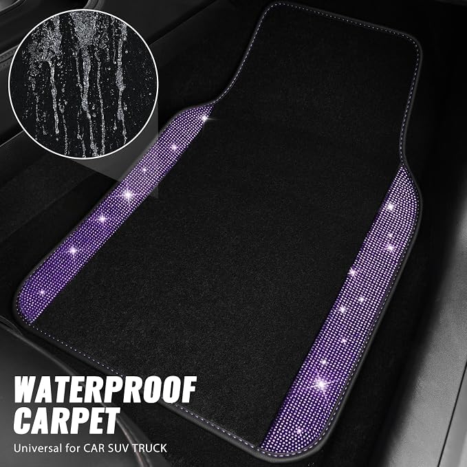 Bling Diamond Leather Steering Wheel Cover 14.5in-15in Floor Mats Shining Rhinestone Carpet Sparkly Glitter Crystal Anti-Slip Pad Fit Automotive SUV Pickup Truck Girl Women, 5pcs Black Purple