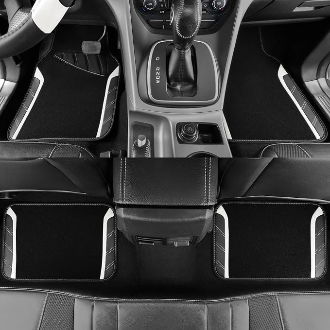 Leather Steering Wheel Cover and Waterproof Car Floor Mats, Microfiber Universal Car Combo Fit for 95% Sedan SUV Van,14.5-15 inch Sporty Anti-Slip Safety Comfortable Design, Black＆White
