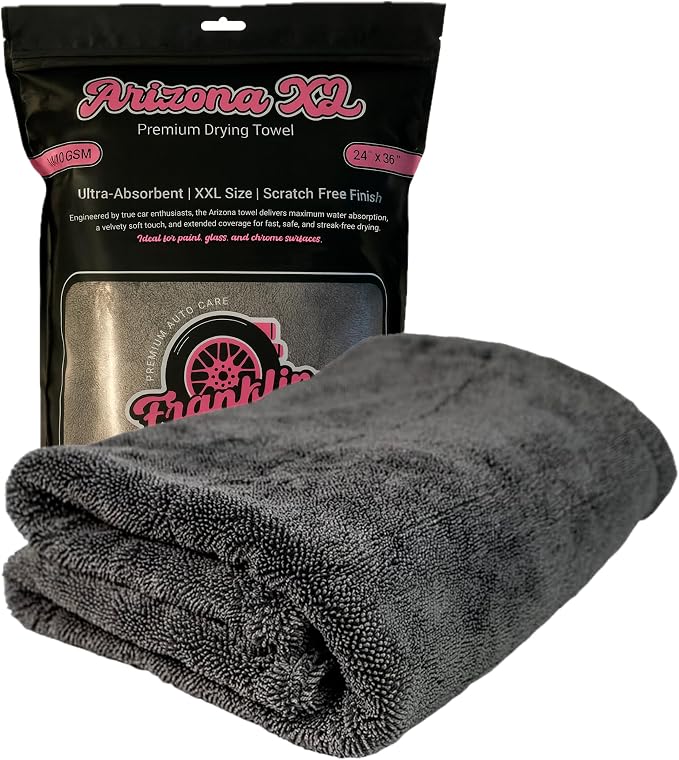 Franklin Shine Microfiber Car Drying Towel 24"x36" Extra Large - 1400 GSM Double Twisted Loop, Ultra Absorbent, Streak-Free, Edgeless & Scratch-Free, Professional Car Detailing Towel, Arizona XL