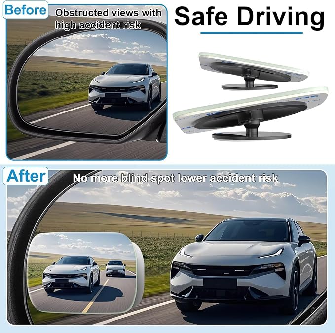 4 Pack Blind Spot Mirrors for Car, Frameless Side Mirror Blindspot Convex HD Glass Car Accessories, Side View Mirror Blindspot with Wide Angle Adjustable Stick for Cars, SUVs and Trucks