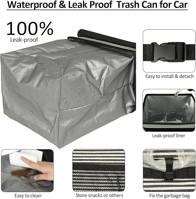 Car Trash Can for Car with Lid, Car Organizer Can Trash Bag Hanging Leak Proof Vehicle Trash Can (Stripe Print, 2 Gallons)