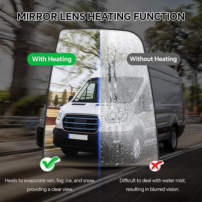 Passenger Right Side Upper Mirror Glass Replacement for Ford Transit 150 250 350 MK8 2014-2023 with Heated and 2 Metal Clips