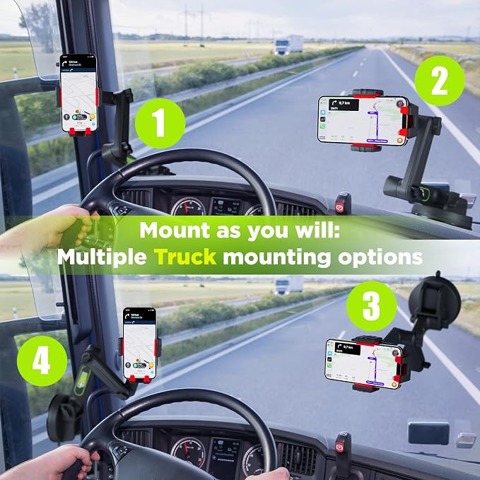 Cell Phone Mount for Truck Phone Holder for Truck Drivers - Heavy Duty Suction Cup + Dashboard Pad, iPhone Holder for Dashboard Window 16.9 inch Long, for iPhone & Samsung, Commercial Trucker, Red