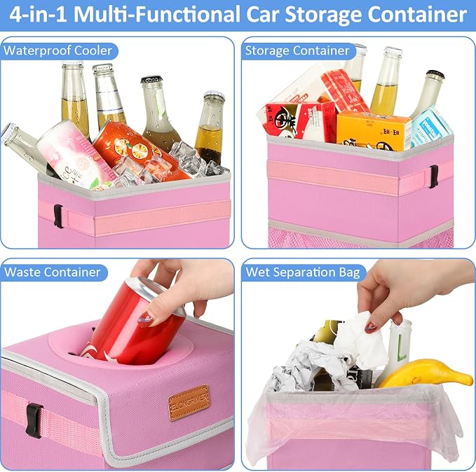 Car Trash Can Bin for Back Seat Leak Proof, Cute Car Trash Bag Hanging, Vehicle Trash Can for SUV Truck Van, Automotive Garbage Cans Front Seat Pink