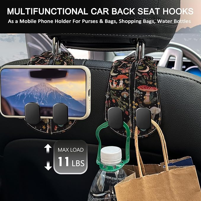 2PCS Car Seat Back Storage Headrest Hooks, Mushroom Moon Purse Holder Bags Hanger, PU Leather Double Metal Hook for Backseat Organizer, Women Car Accessories Organization