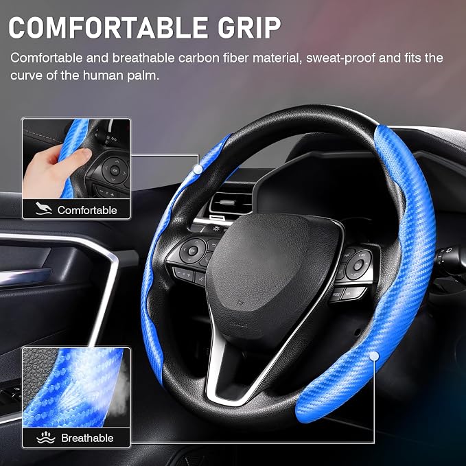 Steering Wheel Cover, Carbon Fiber Steering Wheel Cover, Car Steering Wheel Cover for Men/Women, Anti-Slip, Comfortable Grip, Durable, Universal for 99% Car Interior Accessories (Blue)