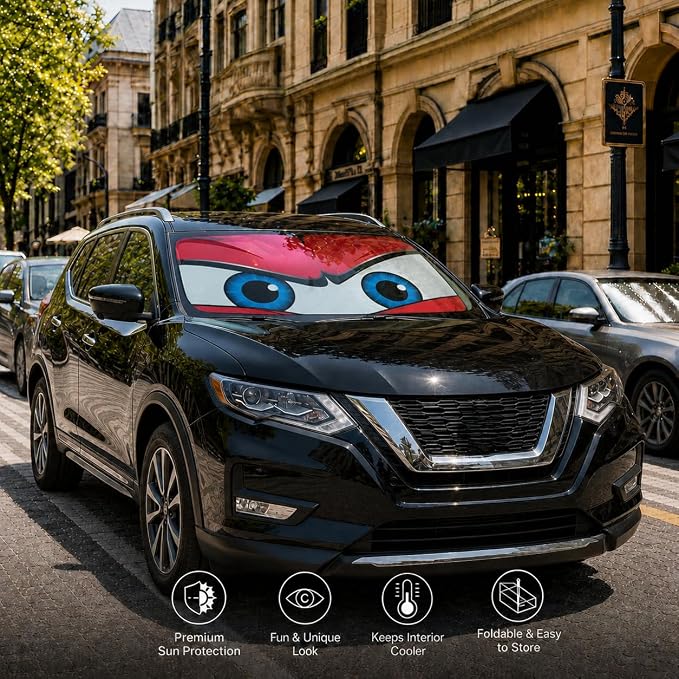 Car Windshield Sun Shade, Universal Fit Midsized Sedan SUV, Angry Red | 63 x 31.5" Windshield Cover, Foldable Front Window Sunshade, UV Heat Protection, Cute Eyes Series