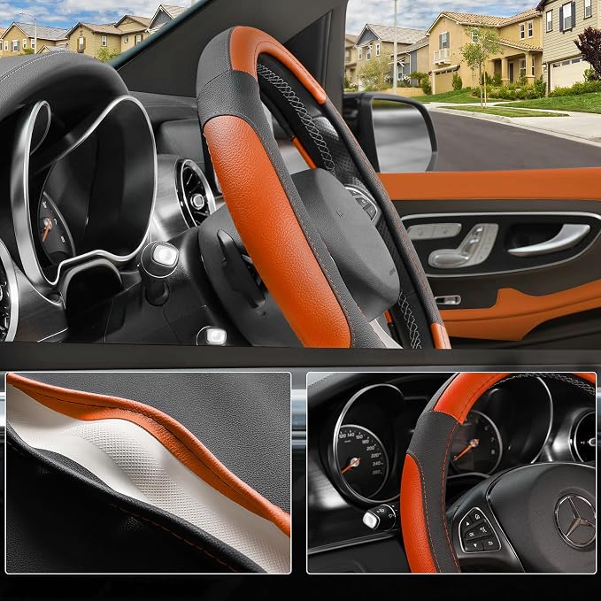 Steering Wheel Cover for Car, Standard Size 14.5-15 inch, Auto Interior Accessories, Black and Orange