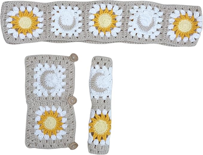 Handmade Crochet White Moon and Sun Car Steering Wheel Covers Universal 14-15 inch for Women and Men (Steer Wheel Cover+ 2 Belt Cover+2 Coaster)