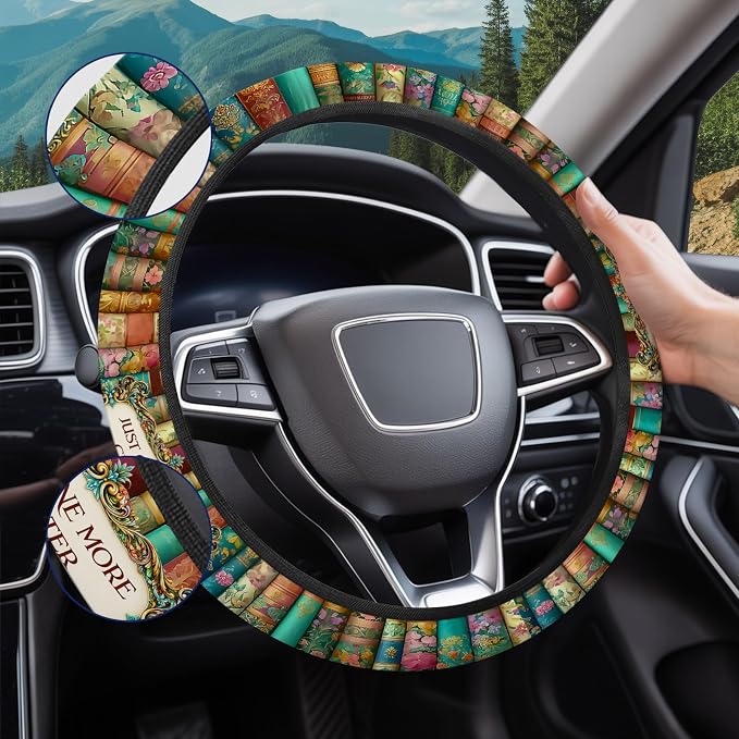 Vintage Classic Books Steering Wheel Cover, Polyester Car Wheel Grip, Universal 15 Inch for Cars SUVs Trucks