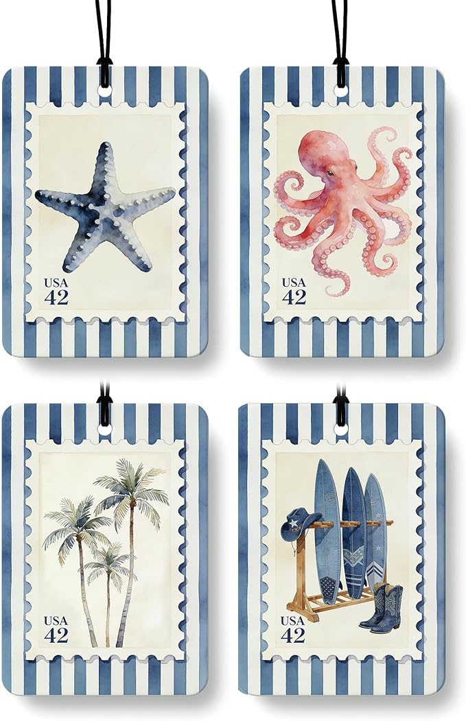 Navy Blue Beach Car Air Freshener 4 Pcs Coconut Scented, Starfish Octopus Palm Tree Car Accessories Mirror Decor for Women, Coastal Cowgirl Hanging Air Freshener for Cars Closet Drawer Books