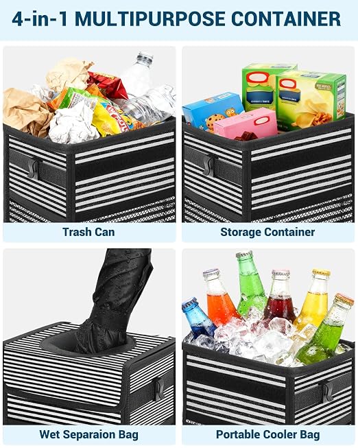 Car Trash Can with Lid, Leakproof Car Trash Bag Hanging Waterproof Automotive Garbage Can with Storage Pockets Mini Vehicle Trash Bin for Back/Front Seat(Stripe,2.5 Gallon)
