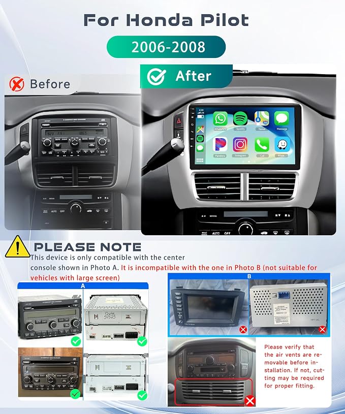 2G+64G Car Radio Stereo for Honda Pilot 2006 2007 2008, Wireless CarPlay Android Auto, 9 Inch IPS Touch Screen Android 13 GPS WiFi Bluetooth 32-Band DSP SWC AHD Camera