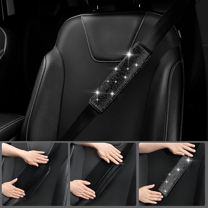 Leather Bling Seat Covers Full Sets 16 pcs, Bling Diamond Car Accessories Set for Women, Sparkly Rhinestone Steering Wheel Cover, Glitter Cute Car Interior Sets for Women Girl, Black Diamond