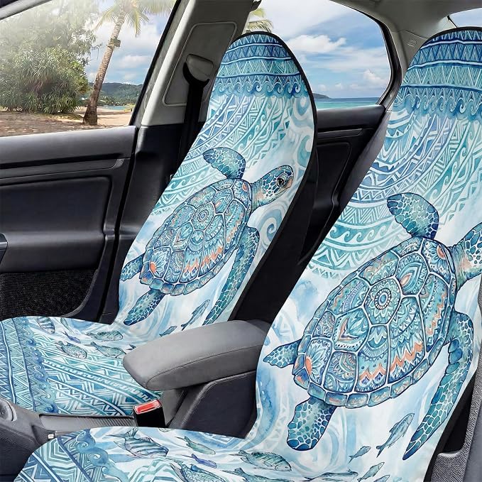 2 Pack Car Seat Towel Covers, Sweat-Proof Microfiber Seat Protectors for Gym, Running, Beach & Workout, Breathable Quick-Dry, Machine Washable, Ink-Style Sea Turtle Print, Universal Fit