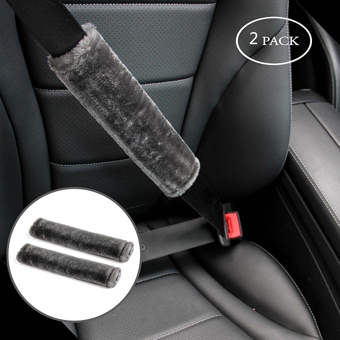 Soft Faux Fur Universal Fit Seatbelt Cover Car Truck SUV Airplane Seat Belt Shoulder Pad for Carmera Backpack Straps Neck Cushion Protector 2 Pack 10.5in Dark Gray