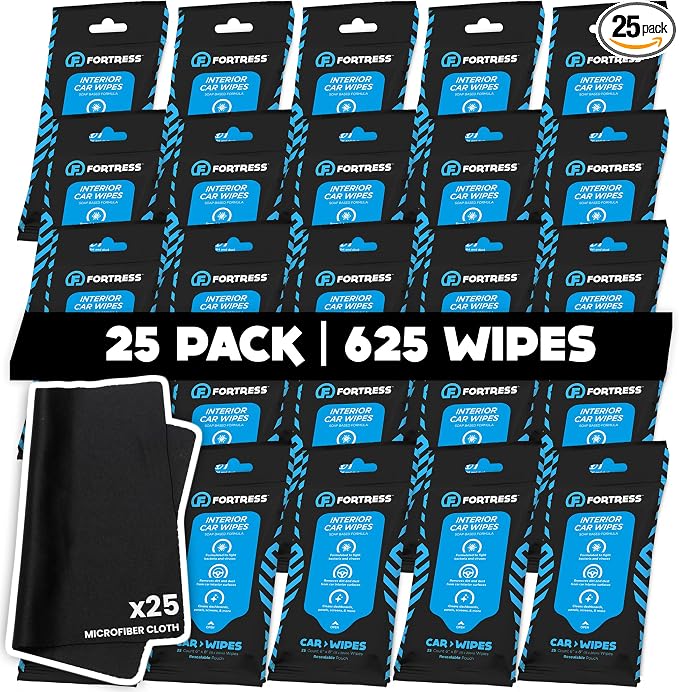 Car Interior Wipes with Microfiber Cloth (25 ct, Pack of 25) for Car Interior Cleaning, Dashboard, Seats, Detailing, and Steering Wheel [Travel Size] Skin-Safe Car Interior Cleaner Supplies