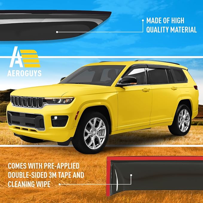 Extra Durable Window Deflectors Tape-On Window Visors Rain Guards Fit for Jeep Grand Cherokee L 2021-2026, Sun Visors, Wind Vent for Shades, Exterior Car Accessories - 4pcs. AG0185