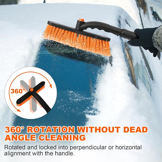 Ice Scrapers for Car Windshield, 2-in-1 Snow Scraper and Snow Brush for Car SUV Truck, Car Ice Windshield Scraper for Ice and Snow with 360° Pivoting Brush and Ergonomic Foam Grip Orange