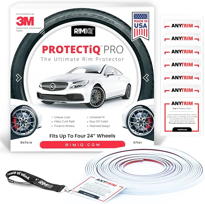 PROTECTiQ PRO Universal Rim Protection Trim - Curb Rash Guard with Award-Winning Patented Design and Premium 3M Tape - Fits Up to 4X 24 Wheels, Cars, Trucks, SUVs - White