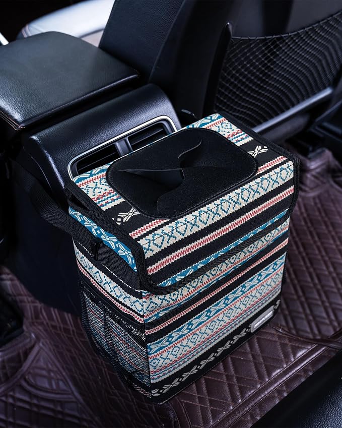 Car Garbage Can Cute - Leak-Proof Car Trash Can with Lid and Storage Pockets, Car Trash Bin for Men and Women, Boho Aztec Essentials: Must-Have Car Interior Accessories (Beige Aztec Motif)