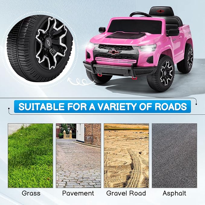 Licensed Chevrolet Colorado Electric Car for Kids, 12V Ride on Toys for Toddlers with Remote Control, Battery Powered Electric Car Ride On Vehicle w/Bluetooth, Soft Start, LED Lights - Pink