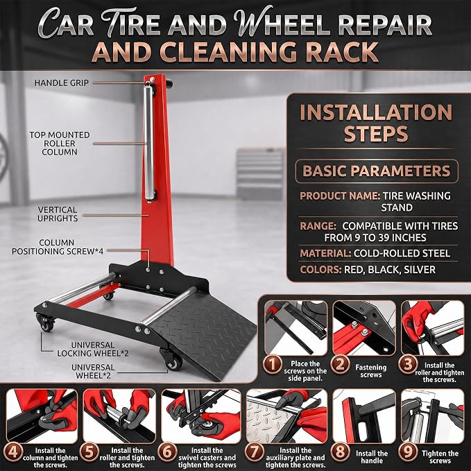 Rolling Wheel Detailing Stand – Heavy-Duty Tire Cleaning and Polishing Roller with 3-Way Rotating Rollers for Ceramic Coating, Tire Shine, Car Wheel Wash – Garage Accessory for Auto Detailers