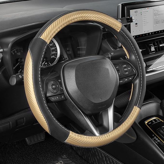 Steering Wheel Cover for Car, Standard Size 14.5-15 inch, Auto Interior Accessories, Black with Golden Carbon Fiber Pattern