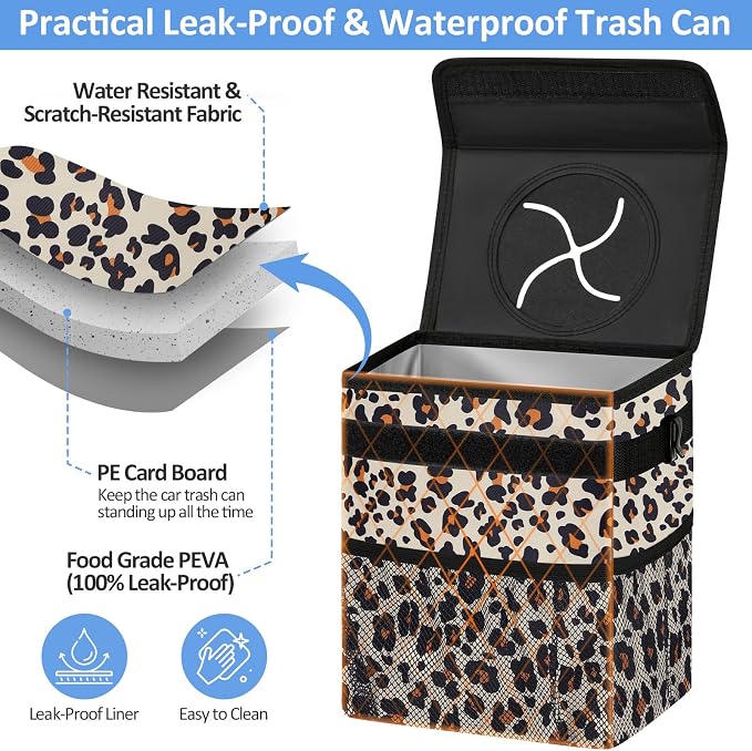 Car Trash Can Bin for Back Seat Leak Proof, Cute Car Trash Bag Hanging, Vehicle Trash Can for SUV Truck Van, Automotive Garbage Cans Front Seat Leopard Print