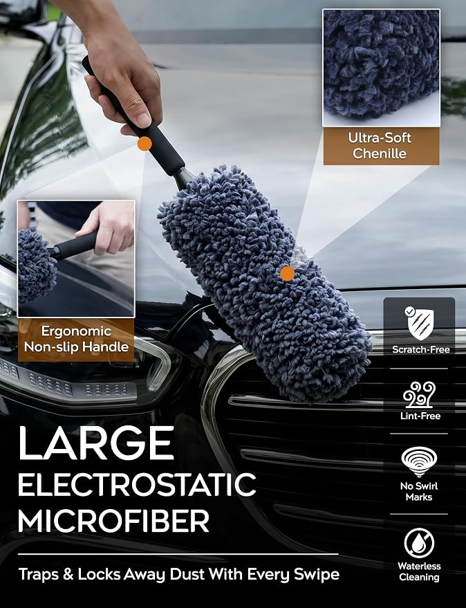 Car Duster Kit, Ultra Soft Microfiber, Lint & Scratch Free | Includes Storage Bag & Unbreakable Handle, Removes Pollen & Dust, Exterior & Interior for SUV & Home