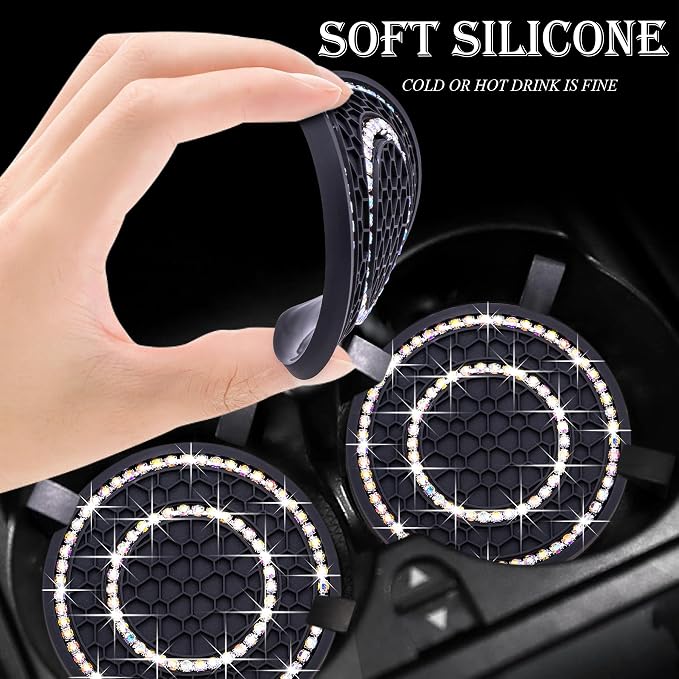 2PCS Bling Crystal Rhinestone Cup Holder Coaster, 2.75 inch Soft Silicone Anti-Slip Shockproof, Car Cup Holder Insert Coasters, Universal Car Interior Accessories for Women (Black & Colorful)