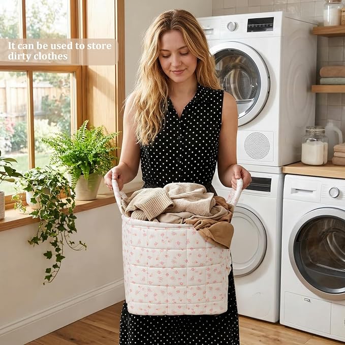 Floral Fabric Storage Basket Car Interior Storage Basket Underwear Sundries Laundry Baskets Supplies Home Organizer Bag (pink+white bow)