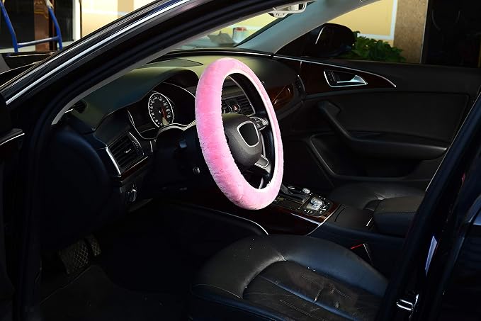Pink Elastic Fuzzy Steering Wheel Cover,Microfiber Plush Steering Wheel Cover for Woman Girl,Winter Warm, Universal 15 inch