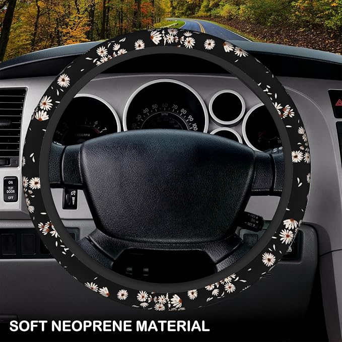 Black and White Daisies Elastic Steering Wheel Cover, Non-Slip Breathable Neoprene Steering Wheel Covers, Women Pink Car Accessories, Universal 15 Inch Fit Auto, Suvs, Truck