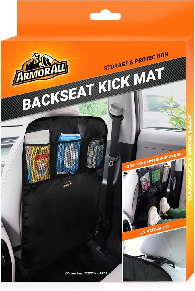 Car Backseat Kick Mat with Storage, Backseat Kick Protector for Kids with 3 Mesh Pockets, Protects from Kicks, Scratches, Scuffs, Spills, Stains, 3 Adjustable Straps for Easy Installation