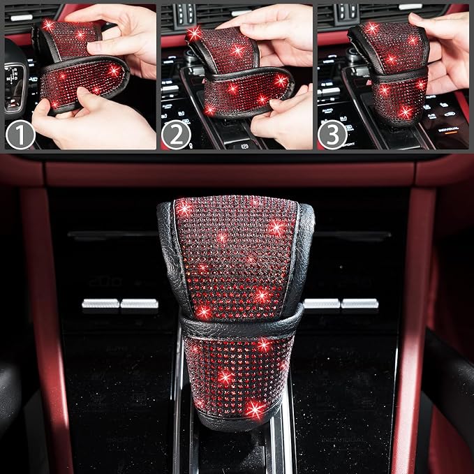 8 pcs Red Bling Car Accessories Set for Women, Steering Wheel Cover, Sparkly Seat Belt Covers, Bling Gear Shift Cover, Universal Fit Most Cars (Red Diamond)