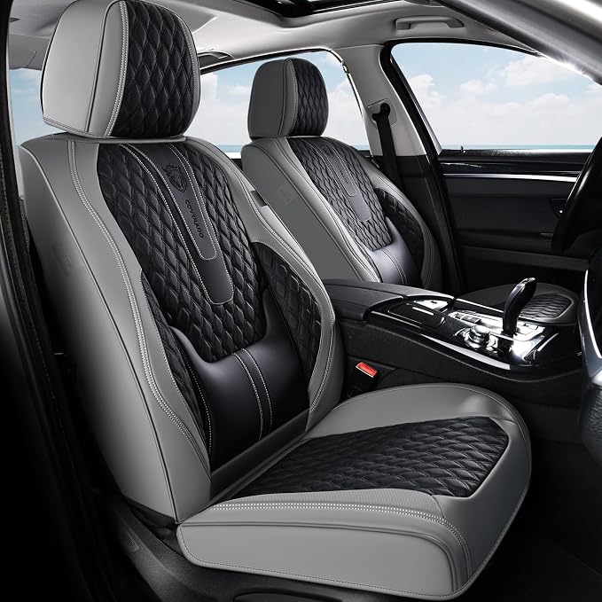 Coverado Front Seat Covers, Nappa Leather Seat Covers for Cars, Waterproof Seat Covers with Lumbar Support Universal Fit for Most Cars SUV Trucks (Front, Black-Gray)