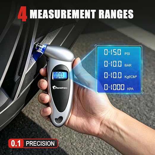 Digital Tire Pressure Gauge,Accurate Cars Air Gauge 150 PSI,Silver | 0-150PSI Calibrated,Accurate in 0.1 Increments,4 Measurement Units,Backlight LCD&Nozzle Light,for Everyday Vehicles
