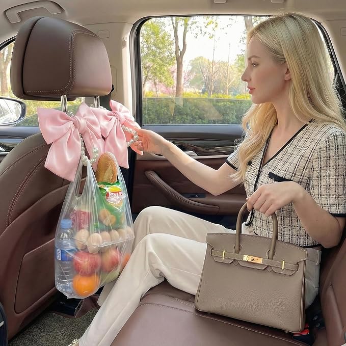 2PCS Satin Bow Pearl Car Seat Headrest Hooks – Car Bag Holder & Vehicle Hanger for Purses – Cute Coquette Aesthetic Interior Decoration – Cute Auto Organizer Accessories Universal (Pink)