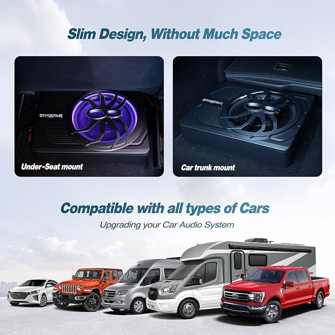 10" Upgrade 800W Slim Under Seat Powered Car Subwoofer, Car/Truck Audio Sub Built in Amplifier amp Combo Package, with Blue LED Light (Subwoofer+Installation Wire Kit)