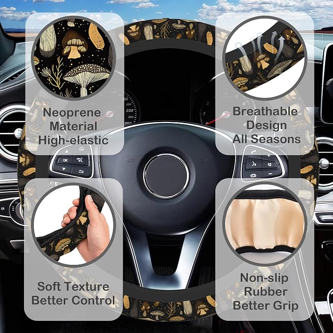 Vintage Mushroom Steering Wheel Cover for Women, Anti-Slip Car Steering Wheel Cover with 2 Pcs Cup Holders Neoprene Breathable Car Accessories Universal 15 Inch Auto Interior Decor