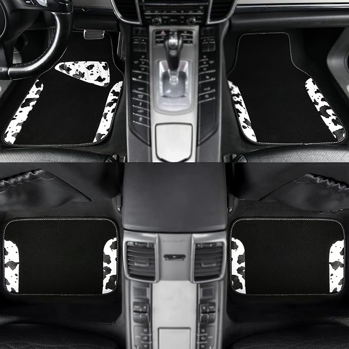 Waterproof Universal Fit Car Floor Mats, Cow Print Car Mats Fit for SUV,Vans,sedans, Trucks,Set of 4pcs Car Carpet with Driver Heel Pad and Nibs Backing,or Cute Women Girly Funny Black White