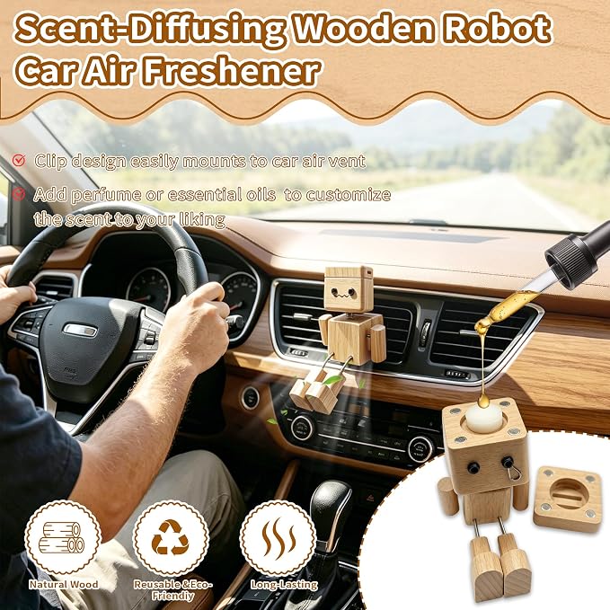 2-in-1 Wood Car Air Diffuser - Shaking Wooden Man Figurine, Wooden Car Dashboard Decorations, Shaking Feet Wooden Doll with Car Vent Clips, Funny Car Accessories Interior Gift