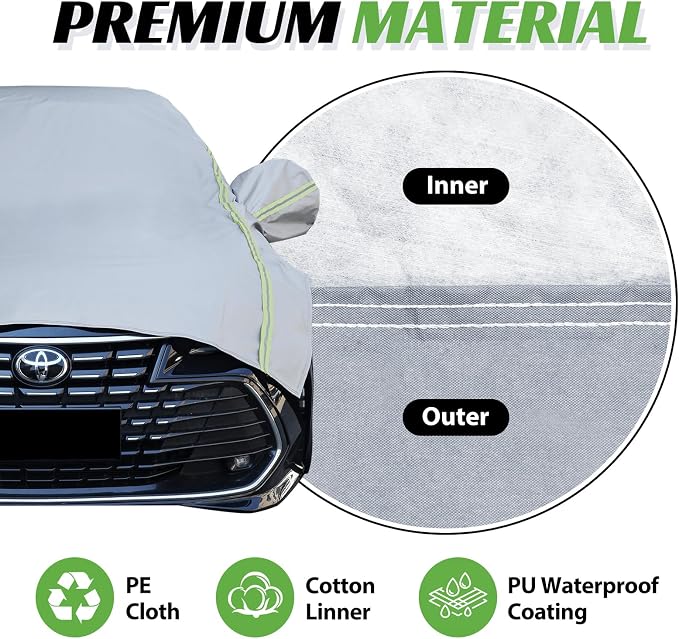 Half Car Cover Snow, Windshield & Sunroof Cover for Ice and Snow with Green Reflective Strip, Hail Protector Car Cover Waterproof All Weather for Snow, Sun, Rain, Dust, Fit Sedan Universal