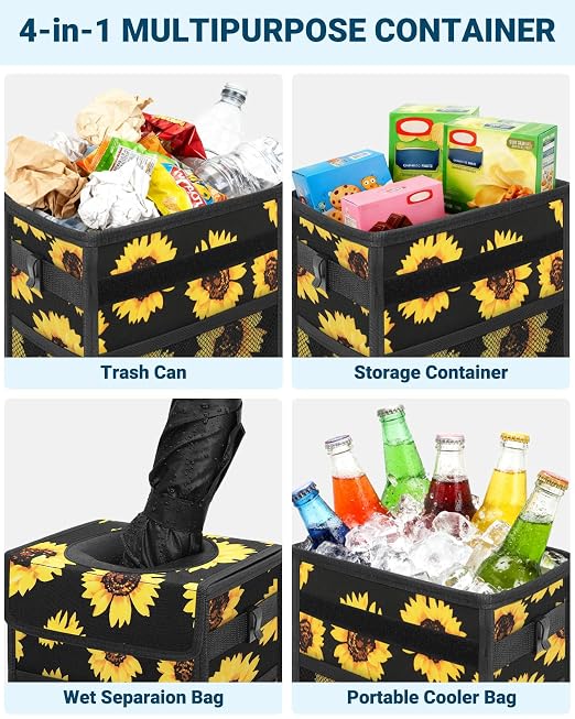 Car Trash Can with Lid, Leakproof Car Trash Bag Hanging Waterproof Automotive Garbage Can with Storage Pockets Mini Vehicle Trash Bin for Back/Front Seat(Sunflower,3 Gallon)