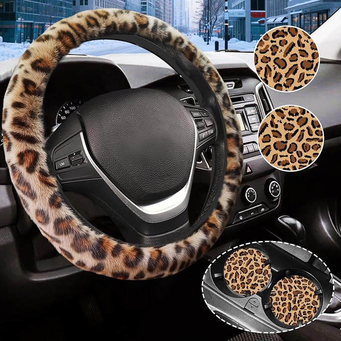 Brown Leopard Print Fuzzy Steering Wheel Cover for Women, Universal Auto Steering Wheel 14-15 Inch Soft Warm Car Interior Accessories with 2PCS Car Coasters, Suitable for Men and Women