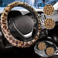 Brown Leopard Print Fuzzy Steering Wheel Cover for Women, Universal Auto Steering Wheel 14-15 Inch Soft Warm Car Interior Accessories with 2PCS Car Coasters, Suitable for Men and Women