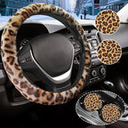 Brown Leopard Print Fuzzy Steering Wheel Cover for Women, Universal Auto Steering Wheel 14-15 Inch Soft Warm Car Interior Accessories with 2PCS Car Coasters, Suitable for Men and Women